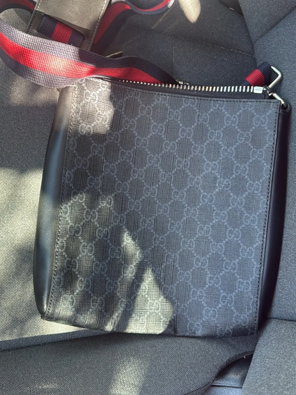 Gucci Black GG Canvas Messenger with Red-Striped Strap